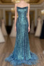 Long Sequined Blue Straps Formal Prom Dress with Feather Hem