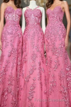 Gorgeous Hot Pink Lace Appliques Long Formal Prom Dress