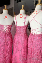 Gorgeous Hot Pink Lace Appliques Long Formal Prom Dress