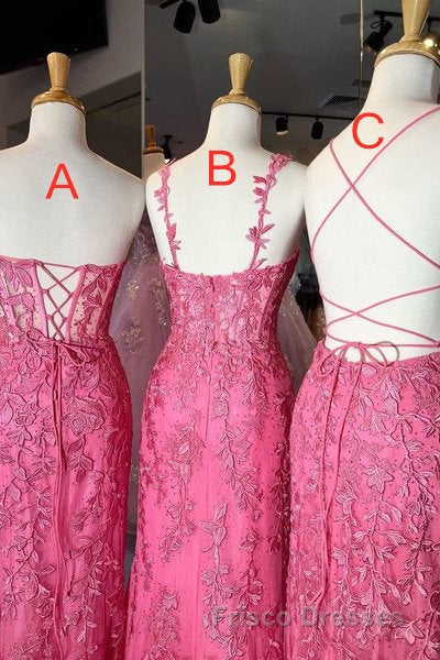 Gorgeous Hot Pink Lace Appliques Long Formal Prom Dress