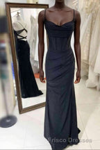 Black Pleated Long Formal Prom Dress with Spaghetti Straps