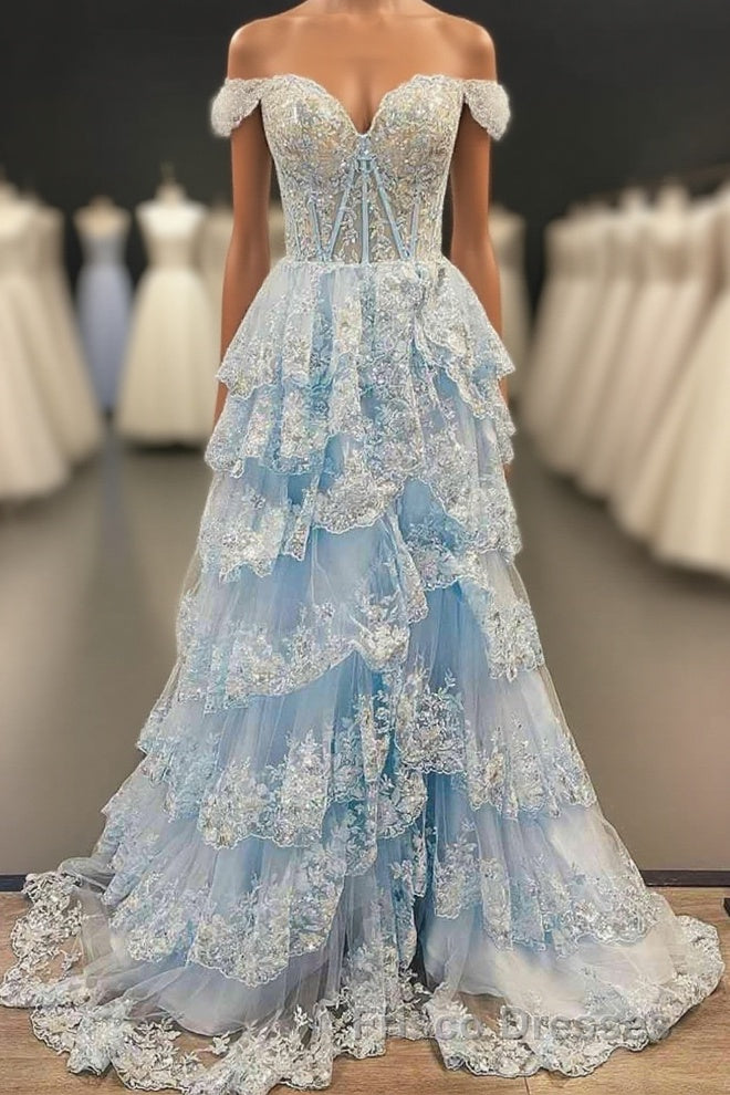 Light Blue Corset Lace Tiered Tulle Long Formal Prom Dress Main image