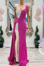 Chic Fuchsia Beaded Long Porm Dress