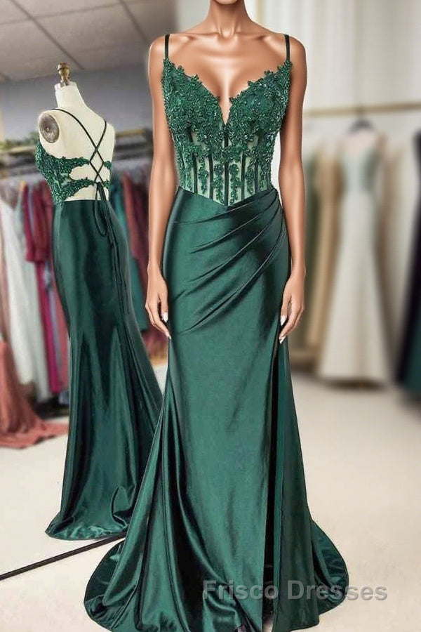 Mermaid Emerald Green Straps Ruched Formal Prom Dress with Slit Main image