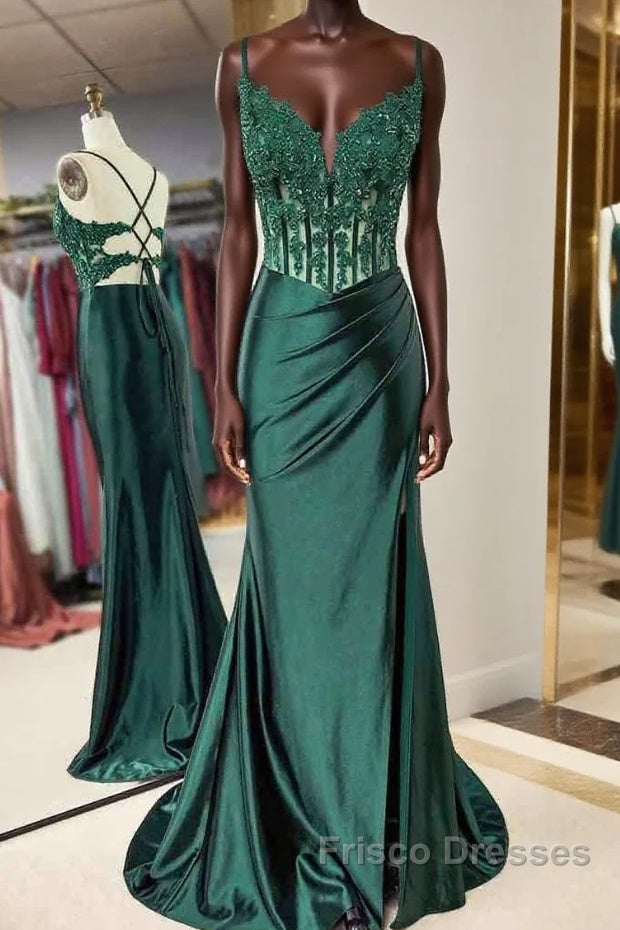 Mermaid Emerald Green Straps Ruched Formal Prom Dress with Slit