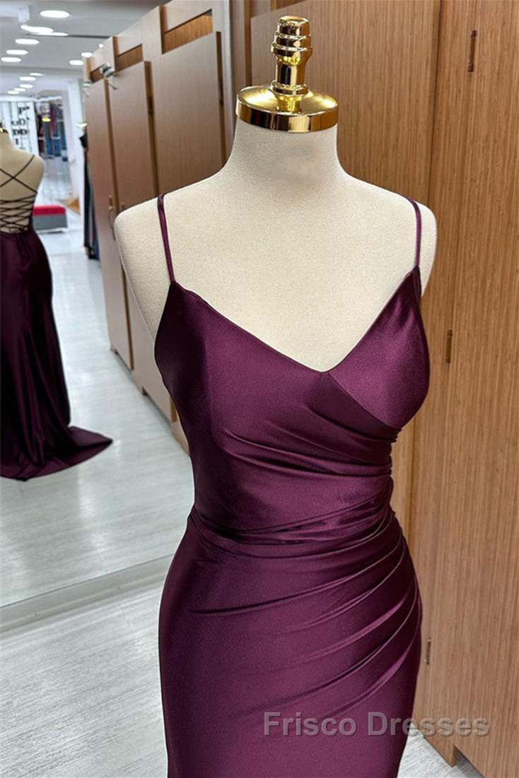 Cabernet Satin V Neck Lace-Up Back Pleated Long Formal Prom Dresses with Silt