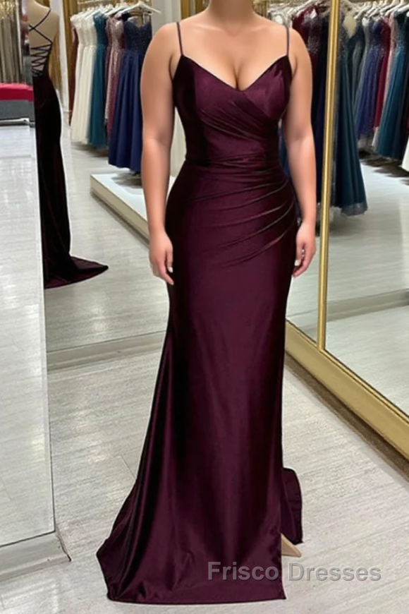 Cabernet Satin V Neck Lace-Up Back Pleated Long Formal Prom Dresses with Silt Main image