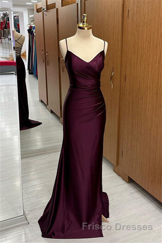 Cabernet Satin V Neck Lace-Up Back Pleated Long Formal Prom Dresses with Silt Secondary image