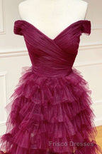 Off the Shoulder Burgundy Pleated Sheer Tiered Formal Prom Dress