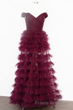 Off the Shoulder Burgundy Pleated Sheer Tiered Formal Prom Dress