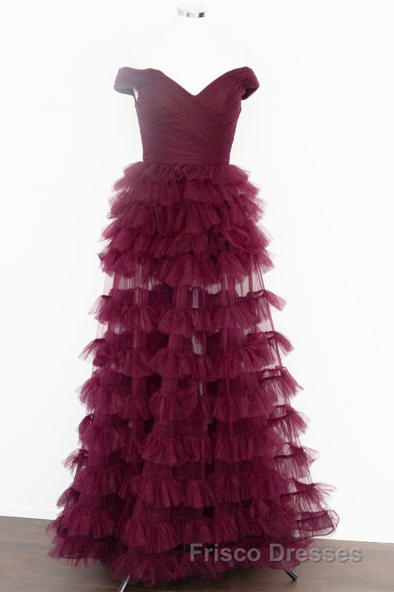 Off the Shoulder Burgundy Pleated Sheer Tiered Formal Prom Dress