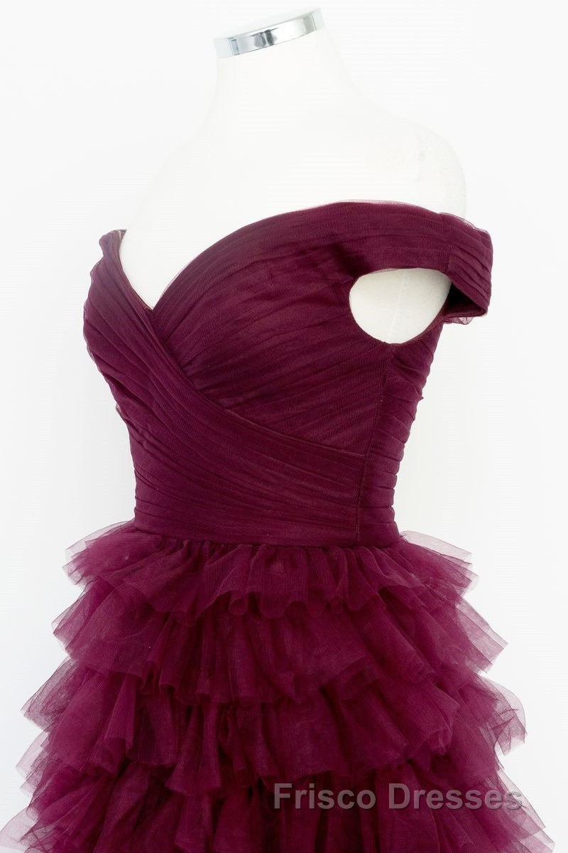 Off the Shoulder Burgundy Pleated Sheer Tiered Formal Prom Dress