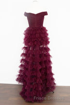Off the Shoulder Burgundy Pleated Sheer Tiered Formal Prom Dress