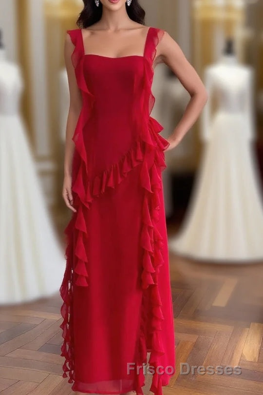 Square Neck Red Ruffle Chiffon Long Party Dress Main image