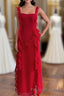 Square Neck Red Ruffle Chiffon Long Party Dress