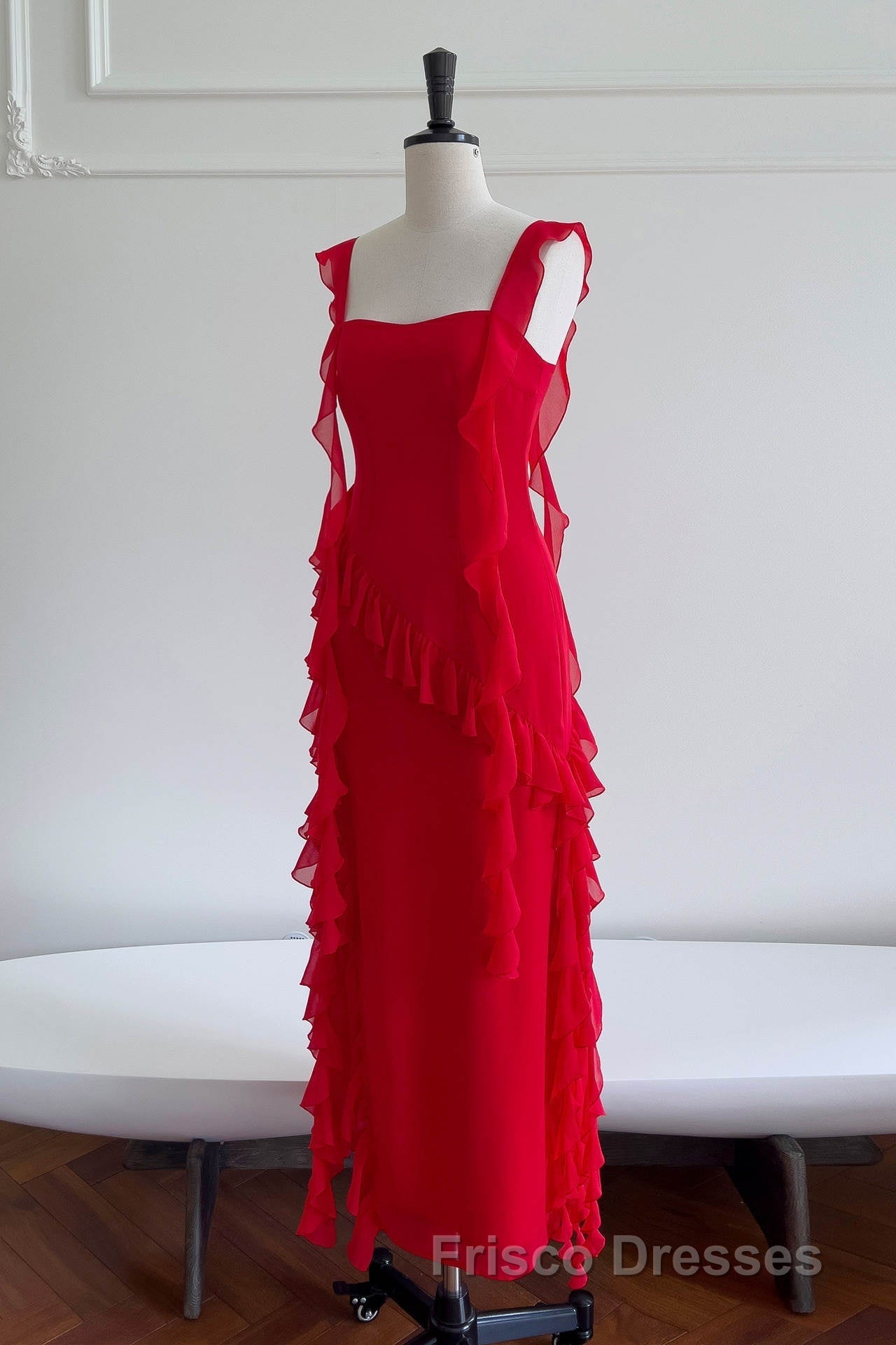 Square Neck Red Ruffle Chiffon Long Party Dress
