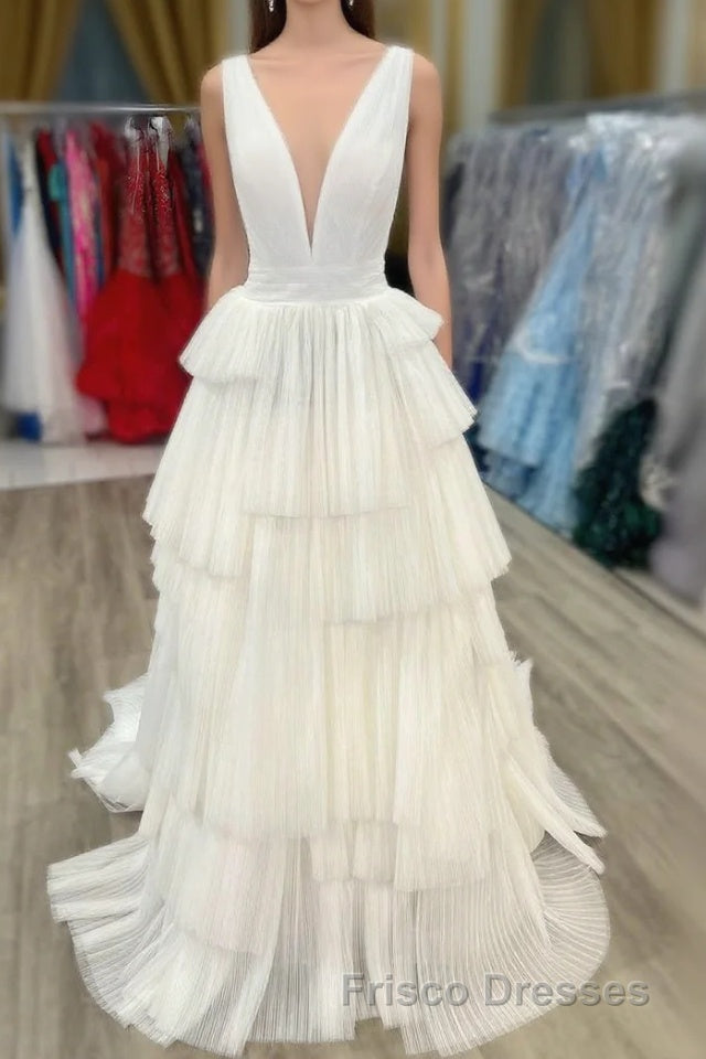 White V-Neck Pleated Layered Long Formal Prom Dress Main image