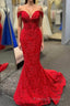 Off the Shoulder Red Sheer Lace Corset Mermaid Formal Prom Dress