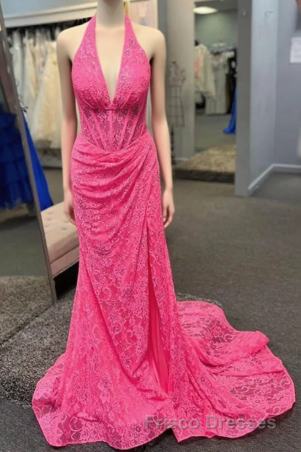 Halter Hot Pink Lace Ruched Mermaid Formal Prom Dress