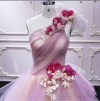 Puffy One Shoulder Sleeveless Tulle Formal Prom Dress with Flowers, Ruffles Quinceanera Dress