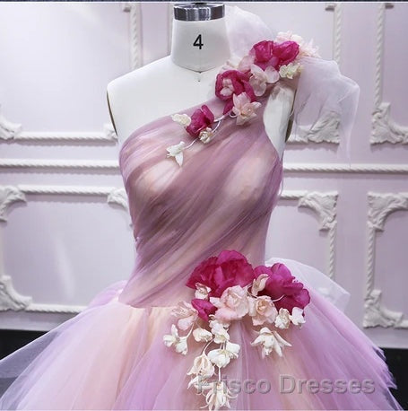Puffy One Shoulder Sleeveless Tulle Formal Prom Dress with Flowers, Ruffles Quinceanera Dress
