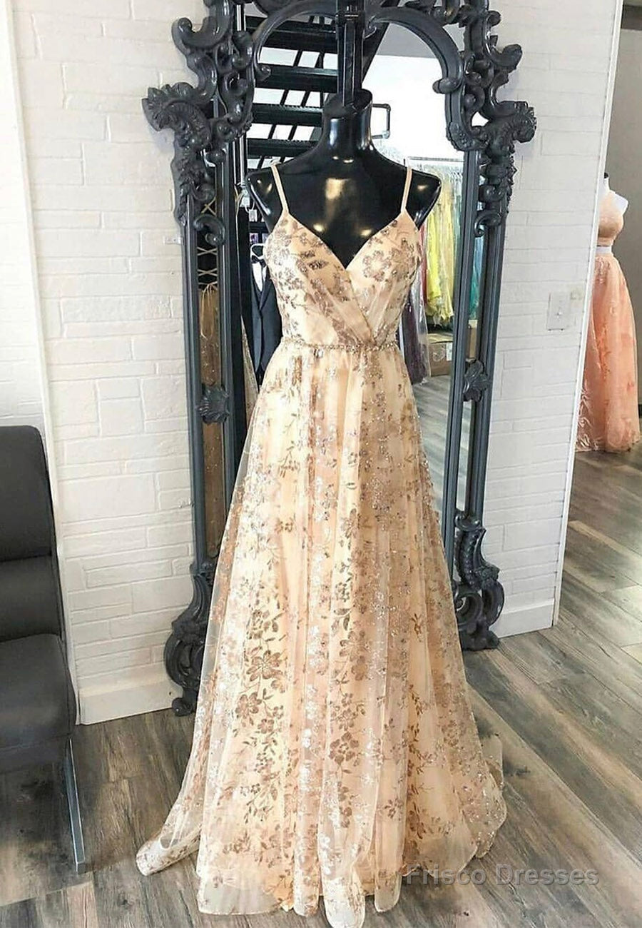 Champagne V-Neck Sequins Long Prom Dresses, A-Line Evening Dresses Secondary image