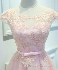Pink Lace Tulle Short Formal Prom Dress, Pink Evening Dress