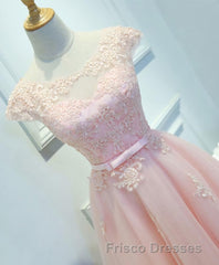 Pink Lace Tulle Short Formal Prom Dress, Pink Evening Dress