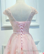Pink Lace Tulle Short Formal Prom Dress, Pink Evening Dress