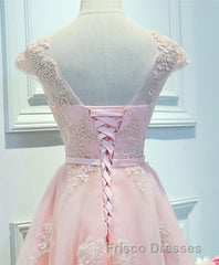 Pink Lace Tulle Short Formal Prom Dress, Pink Evening Dress