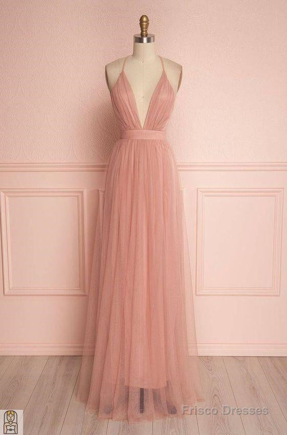 Deep V Neck Prom Dress, Blush Pink Floor Length Tulle Wedding Party Dress, Spaghetti Straps Main image