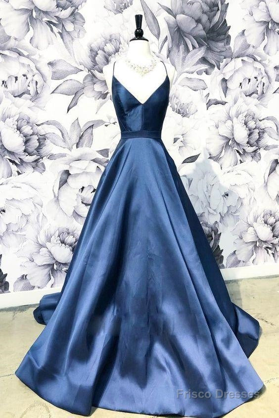 A Line Blue Spaghetti Straps Satin Prom Dresses, V Neck Blue Sexy Evening Party Dress Main image