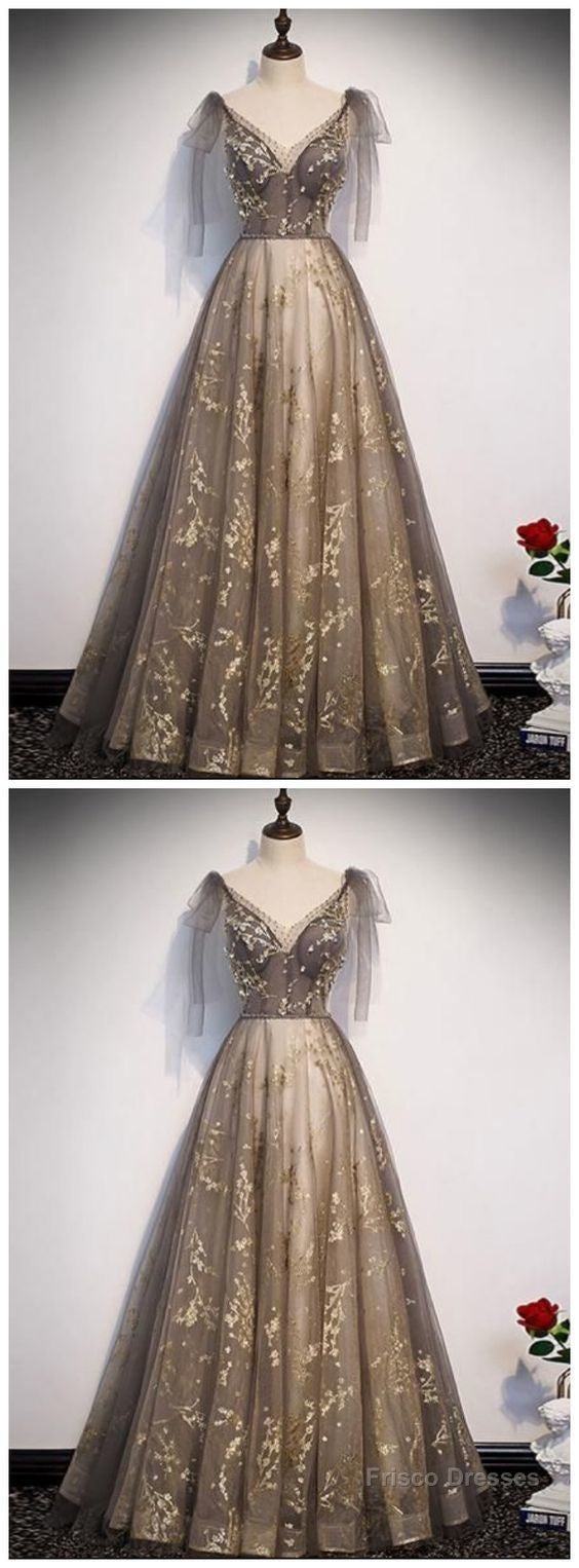 Elegant V Neck Gray Gold Tulle Lace Long Prom Dress, Tulle Formal Dress