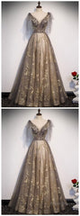 Elegant V Neck Gray Gold Tulle Lace Long Prom Dress, Tulle Formal Dress