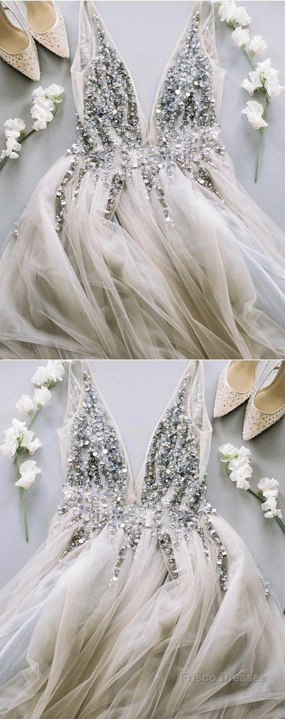 Deep V Neck Long Tulle Split Prom Evening Dresses With Sequins And Beads Main image