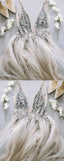 Deep V Neck Long Tulle Split Prom Evening Dresses With Sequins And Beads