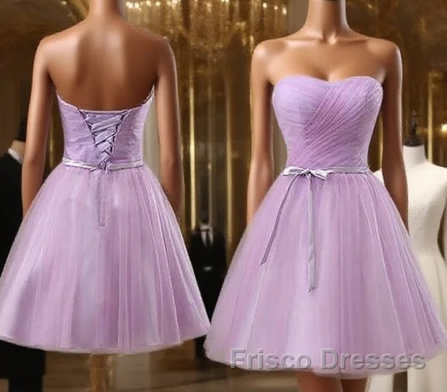 Youthful Lavender Homecoming Dress, Sweetheart Short Formal Prom Party Dress, Ruched With Sash Bridesmaid Dress