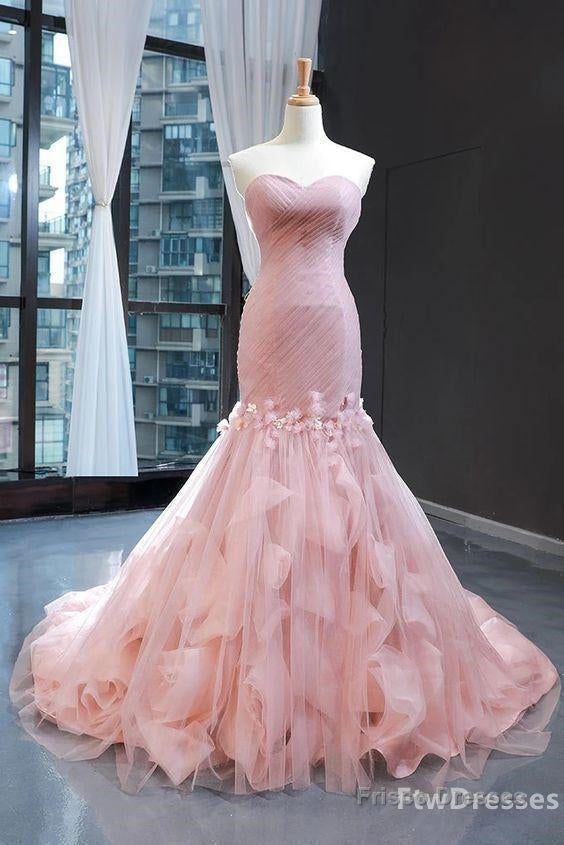 pink sweetheart tulle prom dress mermaid formal ball gowns gorgeous evening dress with sweep train Main image