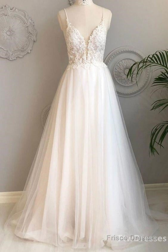 white v neck tulle lace long prom dress