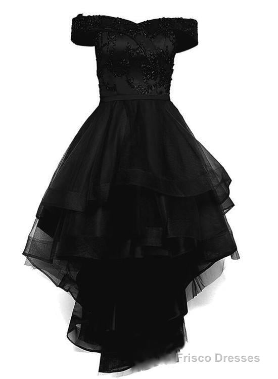 black off shoulder tulle and lace high low homecoming dress 2025 black prom dress Main image