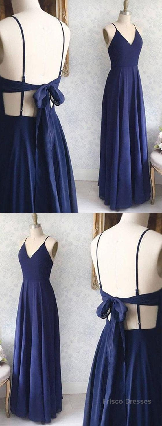 Great Evening Dresses, Backless Sexy Spaghetti Straps Backless Navy Blue Chiffon A Line Floor Length Prom Dress Main image