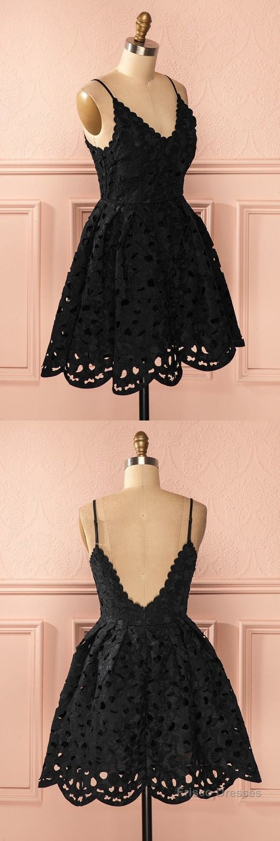 A Line Spaghetti Straps Backless Short Black Lace Homecoming Dress Main image