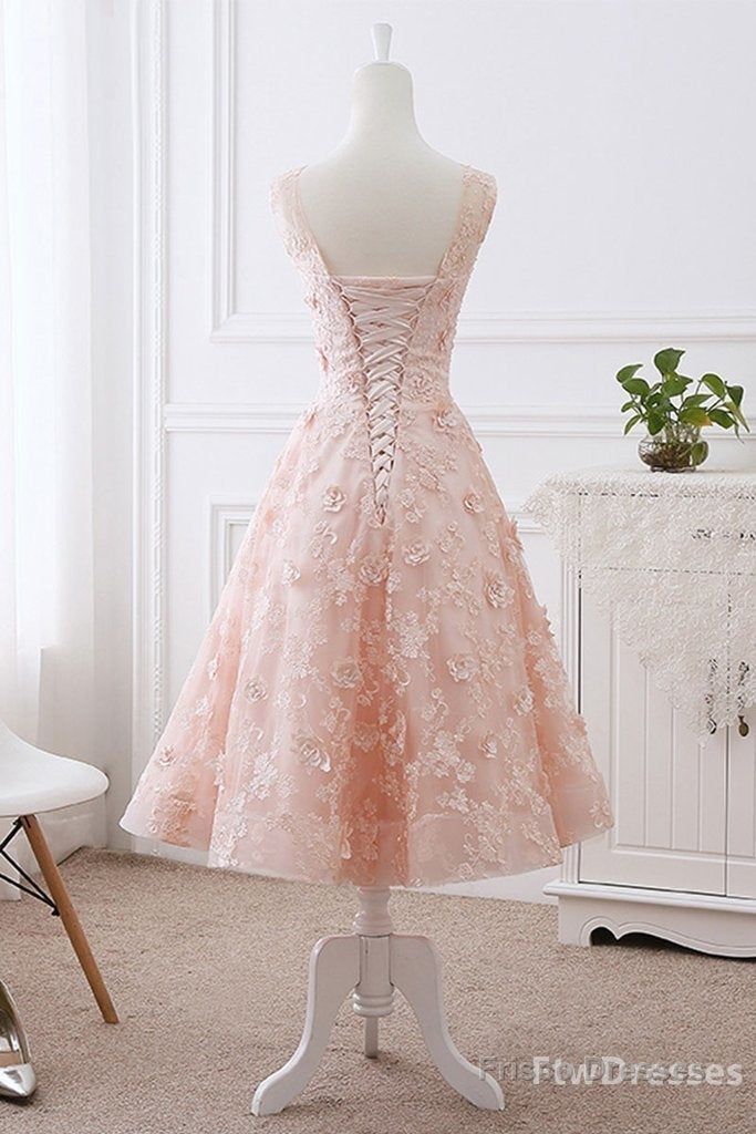 pink lace round neck tea length prom dress lace evening dress Main image