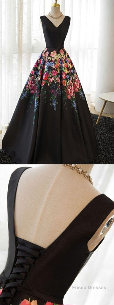 Black Satin Floral Prints Sleeveless Lace Up Back Prom Dresses Main image