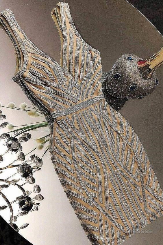 Champagne Beads Short Prom Dress, Champagne Evening Dress Main image