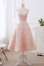 pink lace round neck tea length prom dress lace evening dress