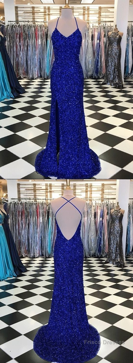 Sparkly Prom Dresses With Slit Sheath Short Train Long Royal Blue Prom Dress Main image