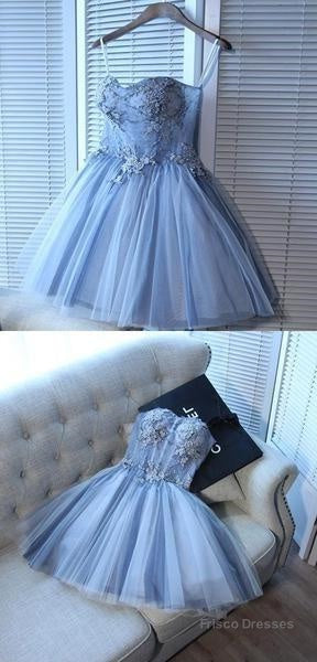 A Line Sweetheart Spaghetti Straps Tulle Homecoming Dresses With Appliques Main image