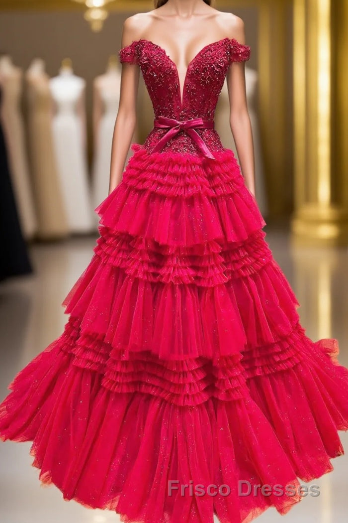 Off the Shoulder Red Appliques Tiered Long Formal Prom Dress Main image