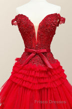 Off the Shoulder Red Appliques Tiered Long Formal Prom Dress